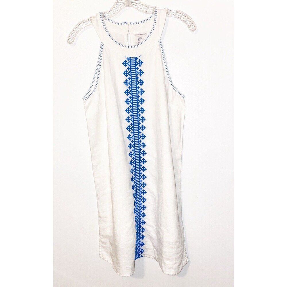 Lucky Brand Linen Dress White With Blue Embroidery Size Medium